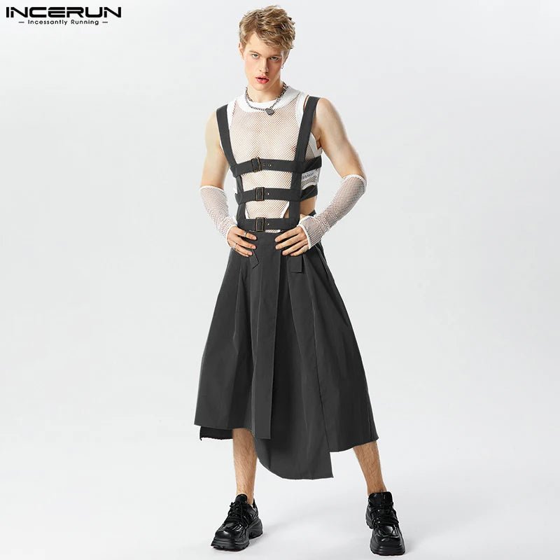 Men Irregular Skirts Jumpsuits Solid Color Hollow Out Straps Men Pants Streetwear Personality Male Skirts S-5XL INCERUN