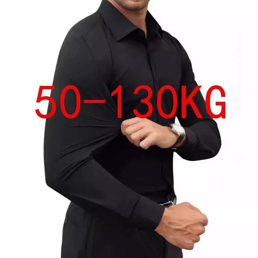 50-130KG Extra Plus Size 5 Colors Non-Ironing Four-Sided Elastic Men's Shirt Fashion Business Formal Shirts Long-Sleeved Solid Color Shirt Male Clothing Supplies