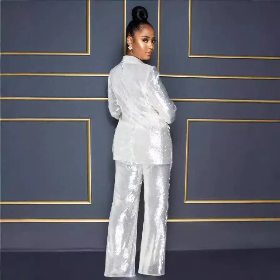 2 PCS Set S-2XL Long Sleeve V-Neck Shiny  Luxury Blazer Pants + Coats Suit Elegant Evening Party Set for Women Stylish Trendy Ensemble