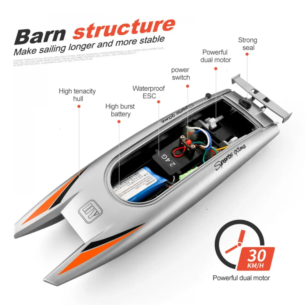 2.4G RC Silver/Black Color Boat 30Km/H High Speed 4 Channels Dual Motor 2CH Waterproof Remote Control Racing Ship Toy - 20Mins Battery for Kids & Adults River Lakes Sea Ocean Water Sports Supplies