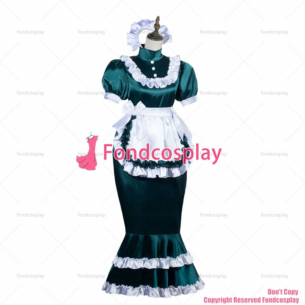 fondcosplay sexy cross dressing sissy maid long lockable Dark green Satin dress white apron Fish Tail CD/TV[G3824]