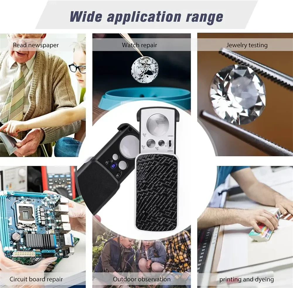 Portable Triplex Magnification Loupe 30X-90X-Slide-Out LED/UV Lighted Jewelry Magnifier for Precision Gemology & Micro-Engraving