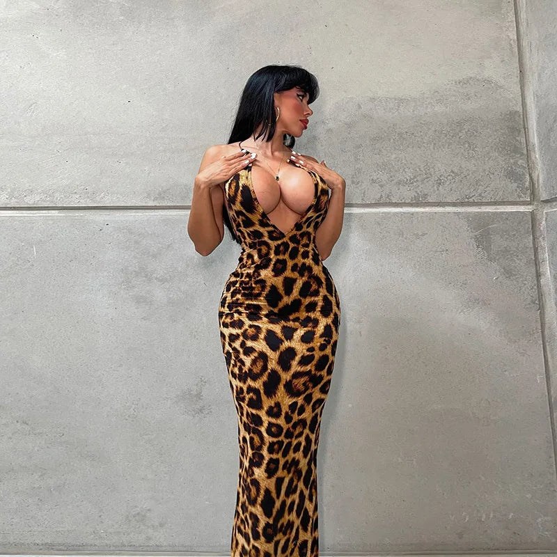 NEW Arrivals UK Size Lady High Street Partywear Women Elegant Leopard Halter Dress Sexy Backless Deep V-Neck Slim Long Dresses
