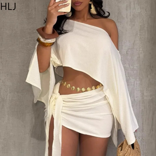 NEW 2PCS Set S-2XL 4 Colors  Elegant Off Shoulder Sexy Outfits Woman Summer One Shoulder Flared Sleeve Loose Crop Top and Skirt Suit Streetwear Summer Beach Bar Nightclub Suit