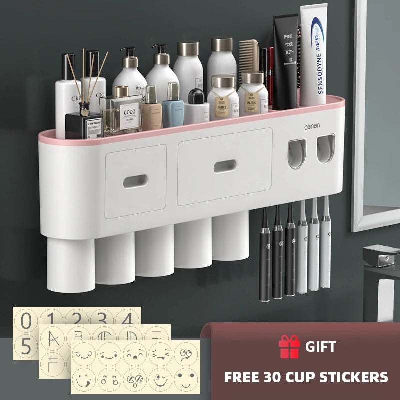 NEW Arrivals  Wall Mounted 5 Cups Toothbrush Holder Magnetic Adsorption Inverted Toothpaste Squeezer Double Automatic Toothpaste Dispenser Bathroom Accessories