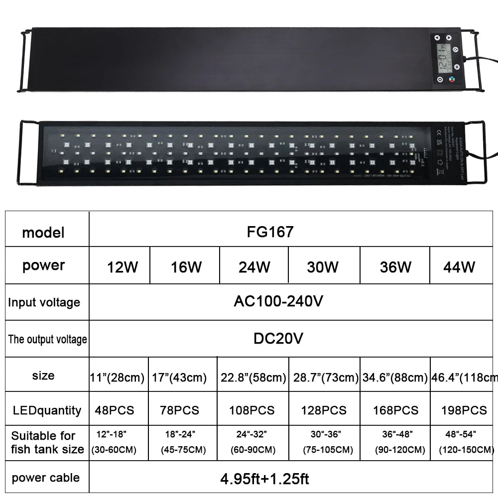 30-45-60cm Fish Tank 24/7 Full Spectrum Lighting LED Light Aquarium Decoration Aquatic Plant Growth Lamp IP68 Waterproof 100V-240V