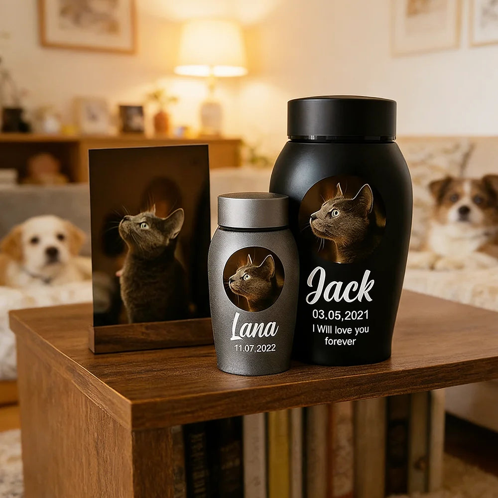 Dogs Cats Custom Pet Urns for Ashes Stainless Steel Cat Dog Urns Memorials Pet Photo Names Dates Urn for Dogs Ashes Pet Souvenir Jar Keepsake Gifts Pets Last Farewell Funeral Supplies