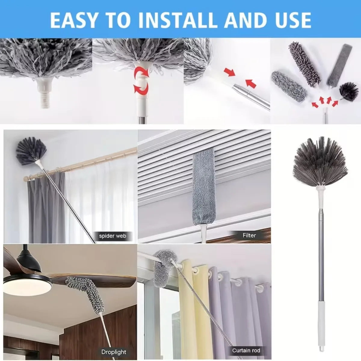 5 PCS Set Microfiber Duster Kit with Extension Pole Retractable for Ceilings Fans Blinds Car Furniture Cobweb Cleaning Household Duster Home Office Cleaning Supplies