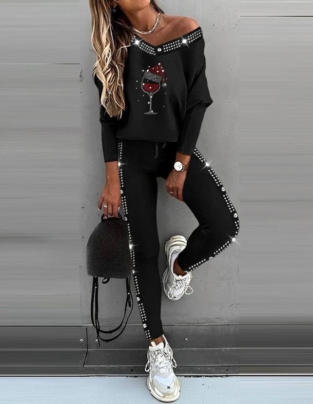NEW Arrivals Women Female 2PCS Set Evening Party Night Clubwear Outfit Christmas Rhinestone Wine Glass Pattern Top & Pants Set All Seasons Suit Ladies Girls Streetwear Casual Fashion Clothing Supplies
