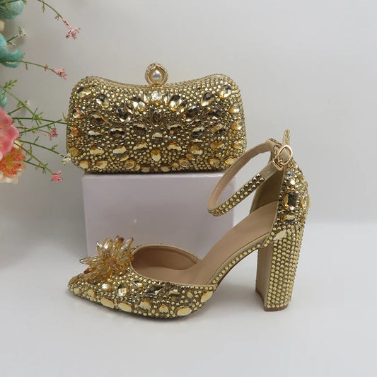 Low-Price Sales are Limited NEW Luxury Champagne Gold Wedding Shoes and Purse Set Women Bridal Fashion High Pumps  Party Shoe and Bag Ankle Strap Ladies Luxury Fashion Apparel Accessories Clothing Supplies