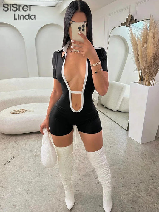 NEW!!!!  Women's Sexy Low Cut Jumpsuit Shorts Popular In Spring/Summer Featuring Hollowed Out Decorations For One-Piece Clothes