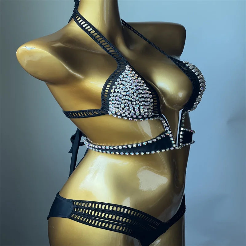 NEW Arrivals Luxury V-Shaped Handmade Pure Color Diamond inlaid Triangle Bikini  Hollow Italian Design High Quality Diamond Bikini Girls Ladies Sexy Beach Wear