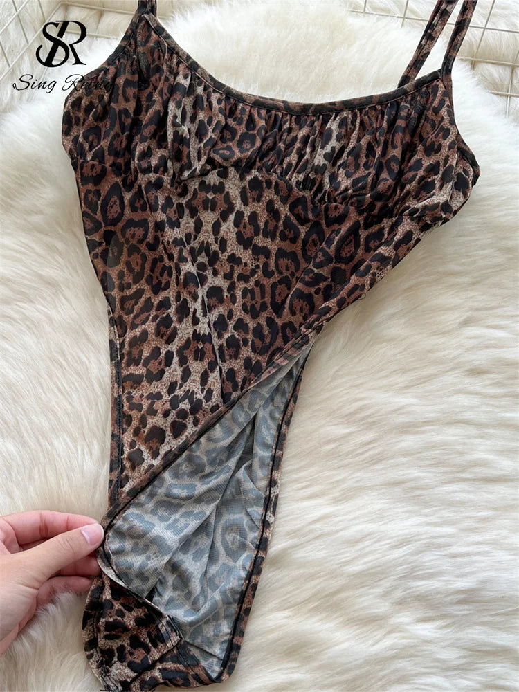 Newest Leopard 2PCS Suits UK Size Women Sexy Strap Tops +Elastic Waist Flared Pants American Ins Fashion Hot Sets