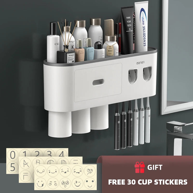 NEW Arrivals  Wall Mounted 5 Cups Toothbrush Holder Magnetic Adsorption Inverted Toothpaste Squeezer Double Automatic Toothpaste Dispenser Bathroom Accessories