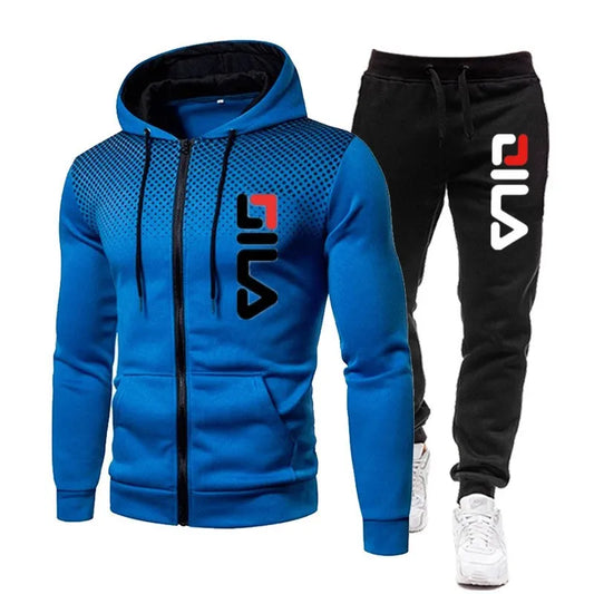 Men Tracksuits+Sweatpants Two Pieces Suits Winter Print Zipper Hooded Sweatshirt Casual Fitness Jogging Sports Pants Sets