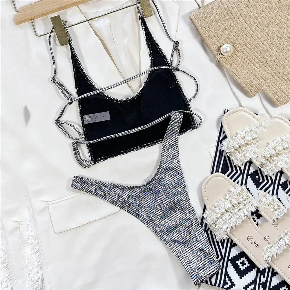 NEW Arrivals Summer 2025 Sliver Plaid Shiny Bikini Women Swimwear Sexy  Swimsuit High Leg Cut Bathing Suit Brazilian Bikinis Sets Girls Ladies Swimming Beach Wear