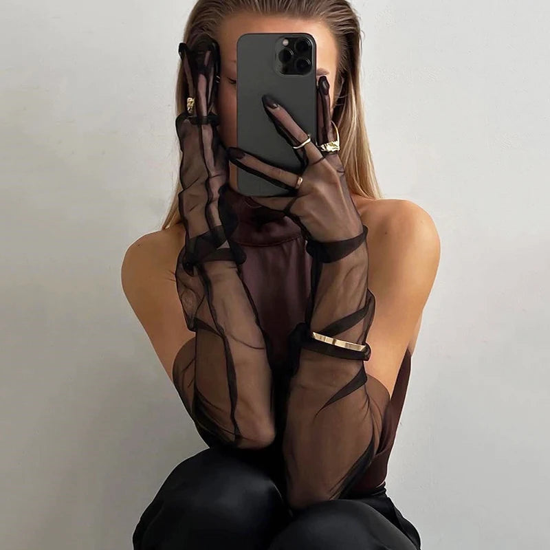 8 Colors 70cm Sexy Lace Net Yarn Mesh Breathable Long Gloves Hollow Transparent Thin Touch Screen Summer Sunscreen  Women Gloves Ladies Apparel Accessories