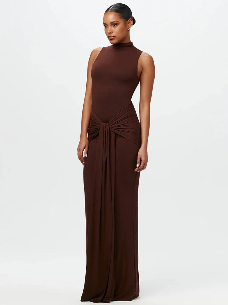 NEW!!!! Half High Collar Irregular Tank Dress For Women New Fashion Sleeveless Bodycon Ruched Sexy Long Dress Elegant