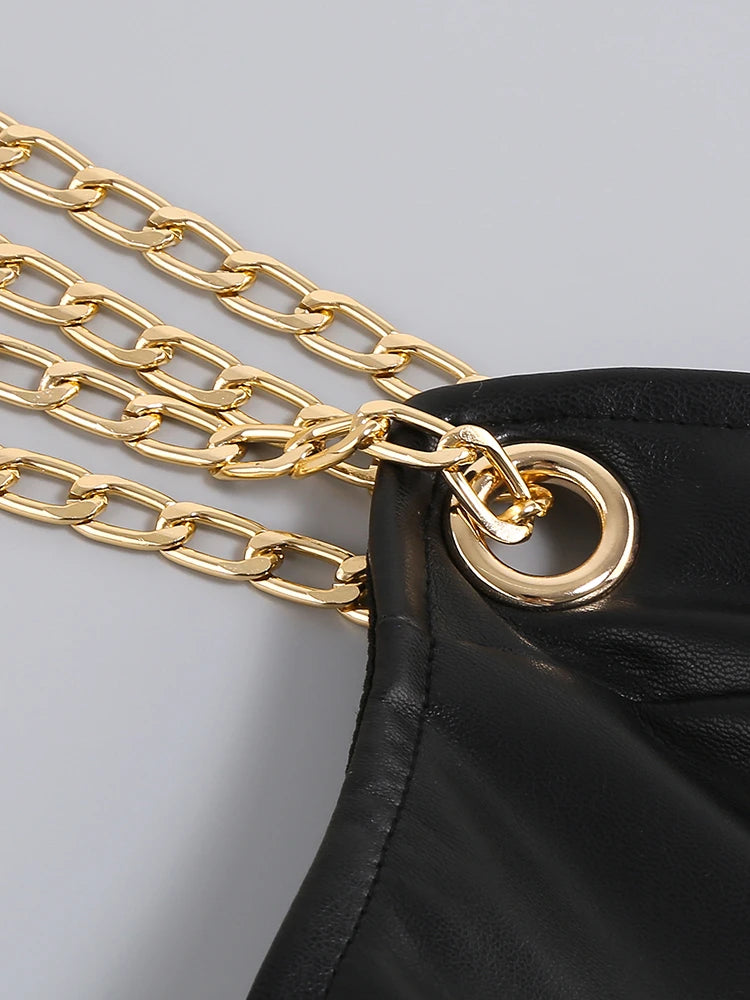NEW Arrivals Women's Leather Sling Long Dress Sexy Black V-Neck Backless Chain Straps High Split PU Leather Dress Nightclub Party Evening Dresses