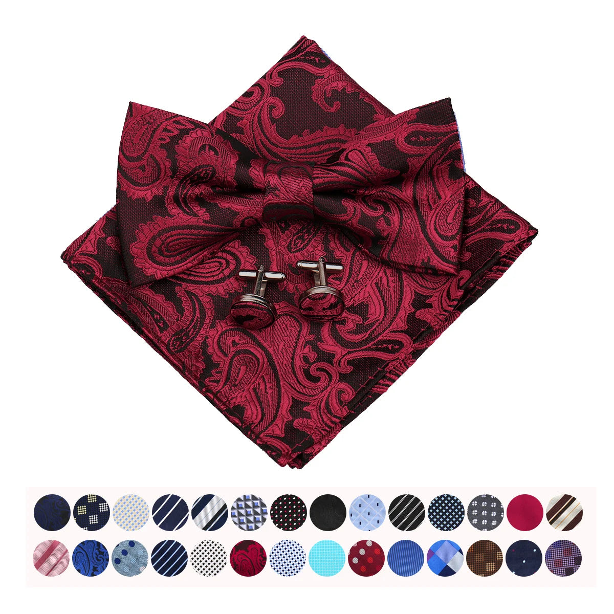 3 PCS Set 55 Colors Luxury Paisley Bowtie Suit Man Bow Tie Pocket Square Cufflinks Wedding Bowknot Accessories Butterfly Neckwear Adjustable Adult Ties