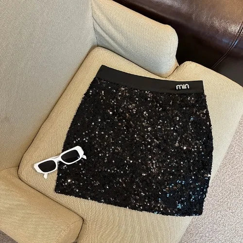 NEW Arrivals Sexy Spice Girl Black Sequin Skirt Women Summer New Spice Girl High Waist Stitching Slim-Fit Elegant Commuting Hip Culotte Ladies Girls Luxury Fashion Clothing Supplies