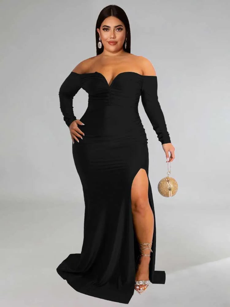 NEW Arrivals XL-4XL UK Size Green/Red/Black/Blue Curvy BBW Women Elegant Luxury Off The Shoulder Dress Strapless Long Sleeve Evening Party Wedding Birthday Dress Spring Plus Size Female Side Slit Dress
