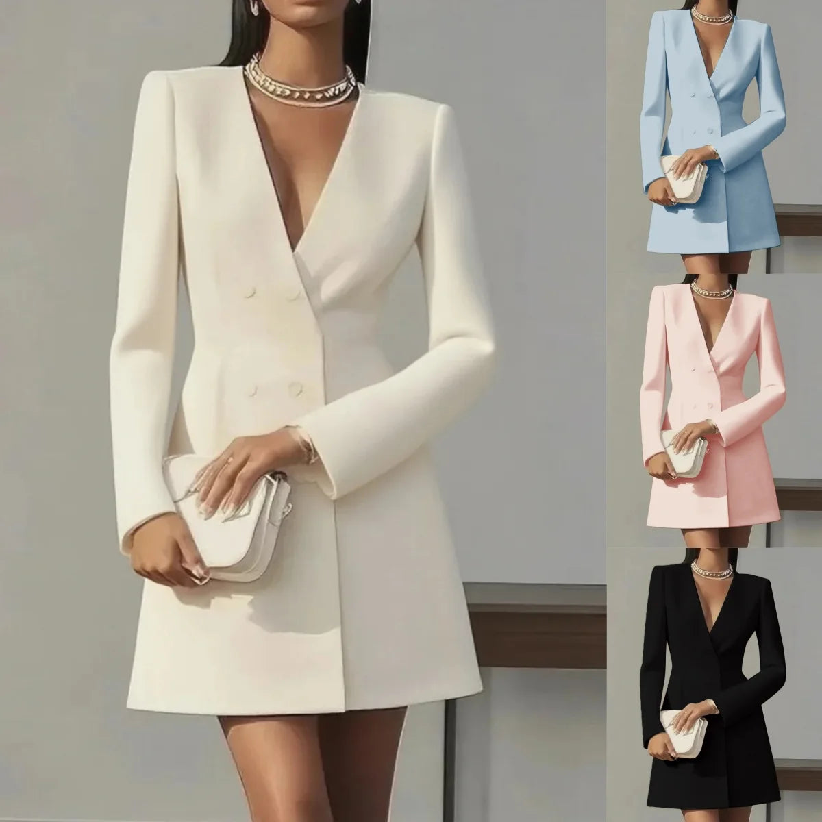 Just Arrived Black/Beige/Blue/Pink Color S-2XL UK Size New Women's Fashion Double-Breasted Deep V-Neck Slim-Fit Suit Dress Elegant Luxury Formal Party Office Business Mini Dress