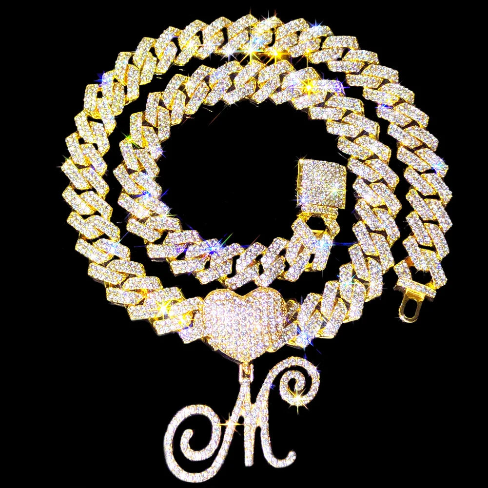 2 PCS Set New Fashion A-Z Initial Cursive Letter Luxury Rhinestones Pendant Cuban Necklace for Women Iced Out Cuban Link Chain Necklace Set Jewelry