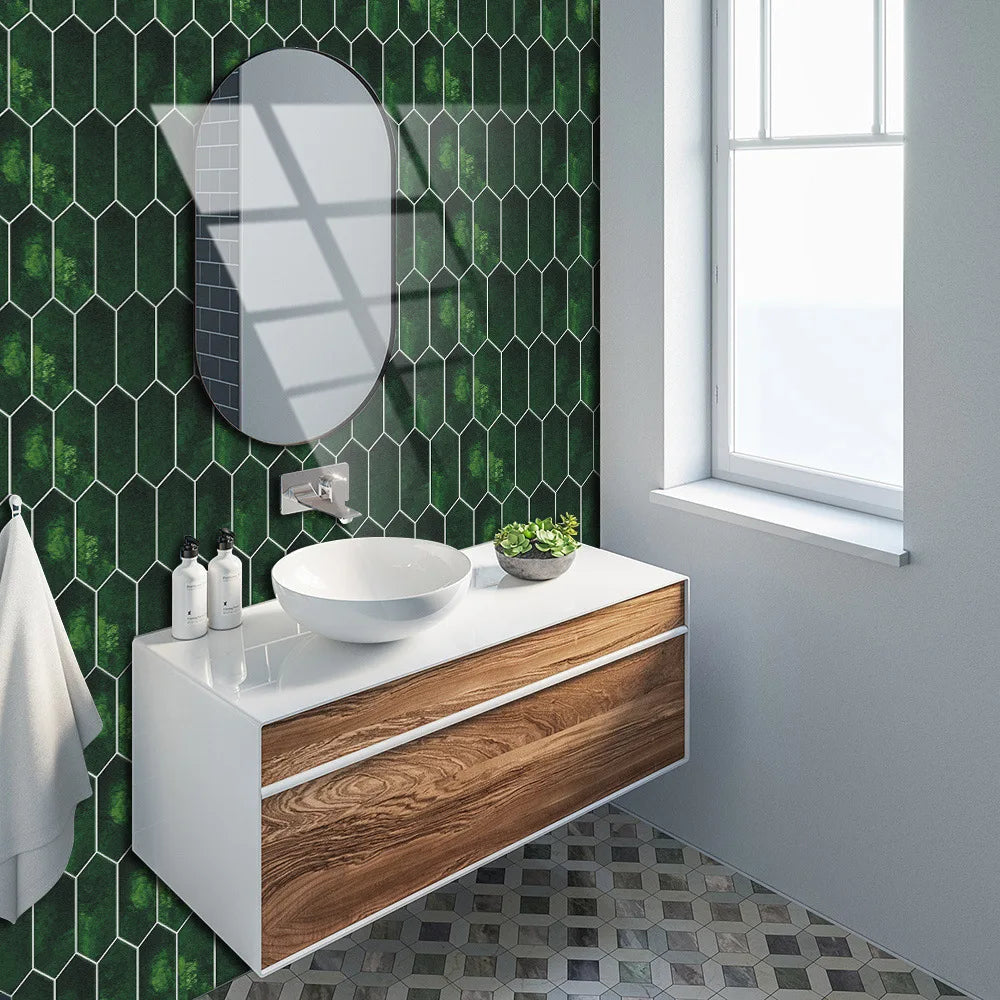 Retro Dark Green Diamond Arrow Shaped Crystal Ceramic Tile Paste Self-Adhesive Floor Paste Home Kitchen Renovation Wall Paste