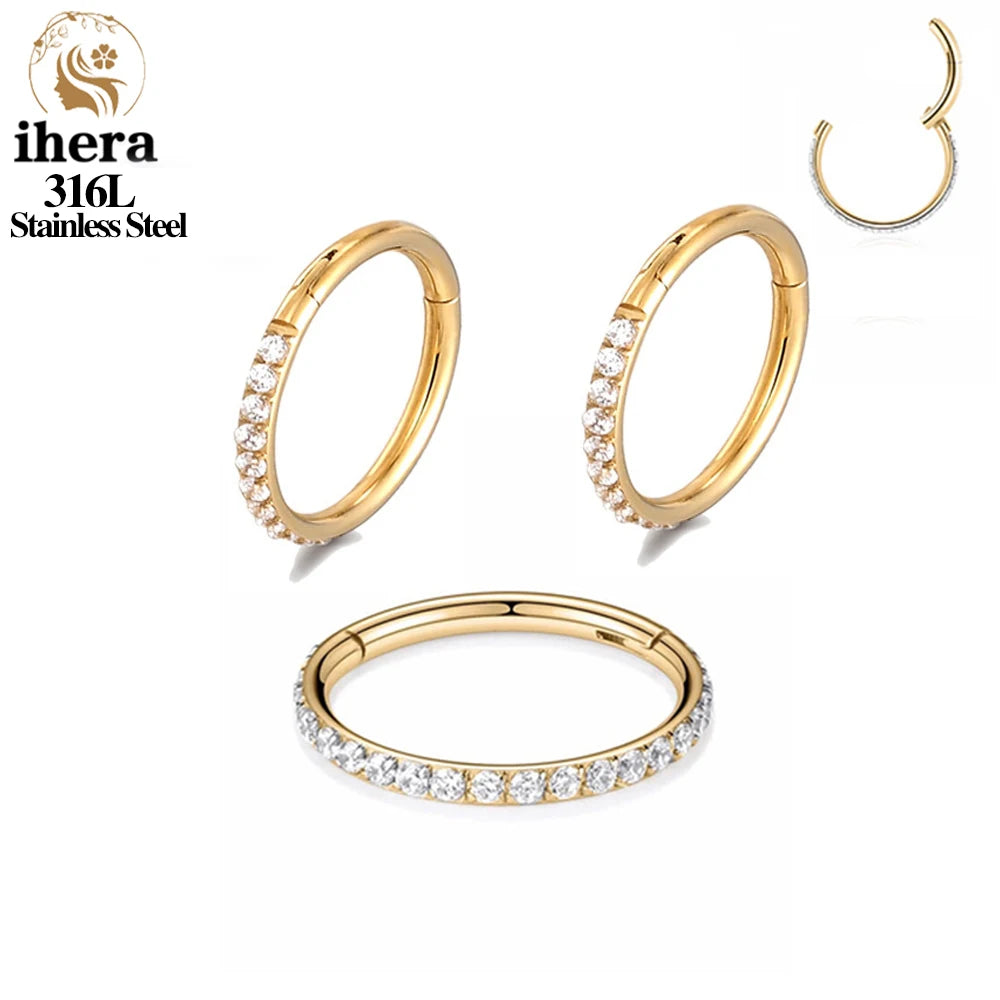 50PCS Set Stainless Steel Zircon Hinged Segment Nose Septum Clicker Ring Round Earrings Hoops Ear Tragus Helix Piercing Jewelry
