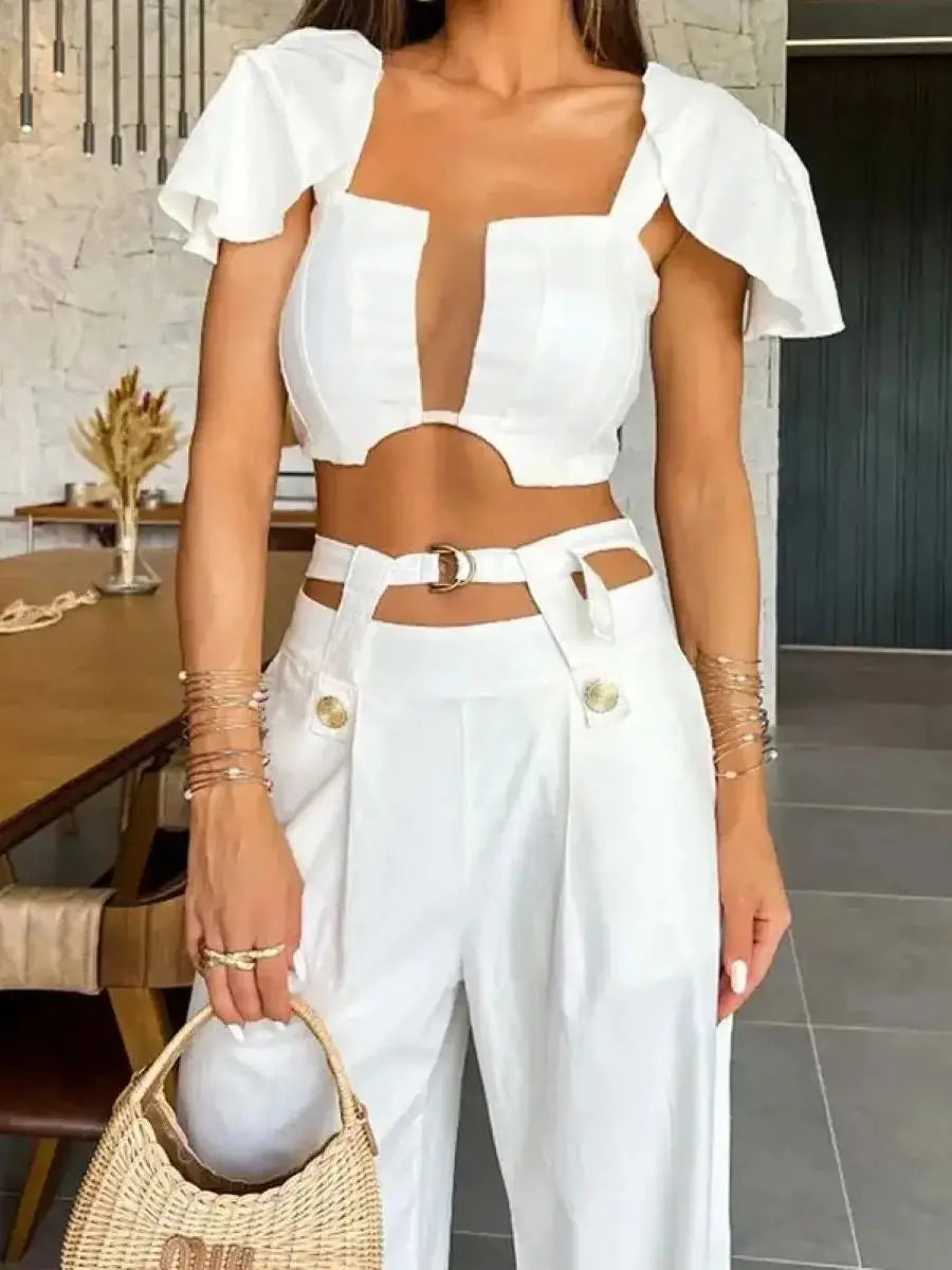 Summer Elegant Solid Women Two Piece Set With Pants Deep V Square Collar Sexy Short Top Wide Leg Pants Suit Office Lady Clothing