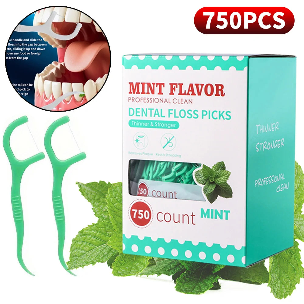 NEW Arrivals 750 PCS Set Mint Dental Floss Stick Travel Business Dinner Household Portable Disposable Care Dental Floss Stick - Oral Care - Deep Cleaning Fresh Breath Dental Accessories Hygiene Care Supplies