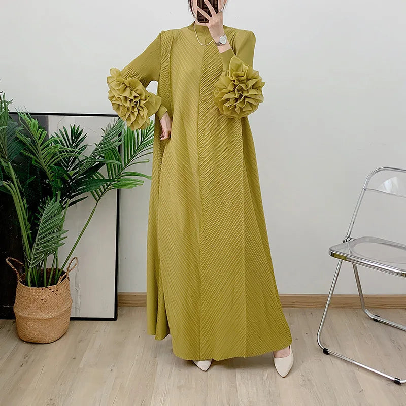 NEW Arrivals UK Size 4 Colors Pleated Dress For African Women Flower Sleeves Female Sunday Church Evening Party Wedding Guest Elegant Clothing Trendy New Ladies 2DB1827