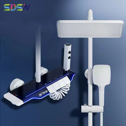 Ambient Lighting Digital Shower System Hot Cold Bathroom Mixer Faucet Rain Shower Head Grey Thermostatic Digital Shower Set