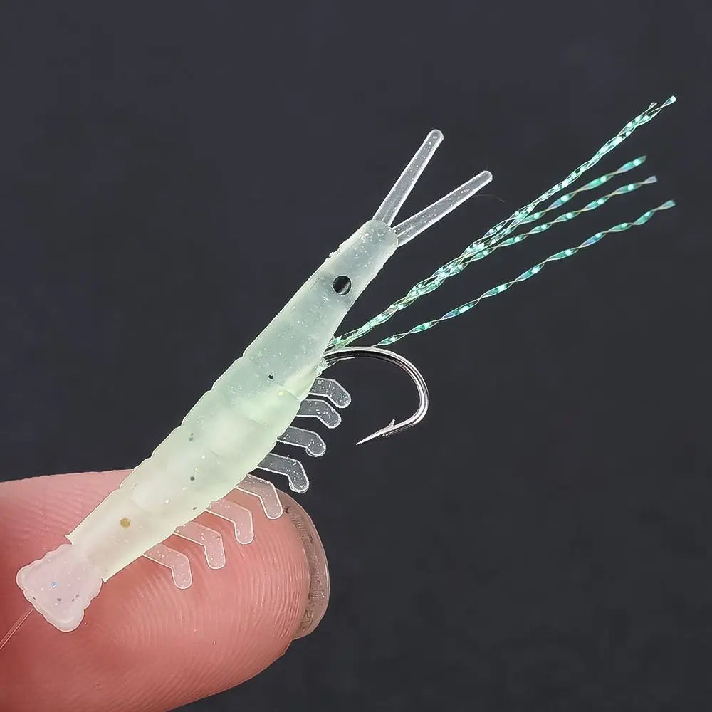 Anti-Winding Glowing String Hook Luminous Soft Shrimp Fishing Hook Mackerel Feathers Night Fishing Simulated Fish Skin String Hook Soft Bait For Lake River Sea Boat Fishing Accessories