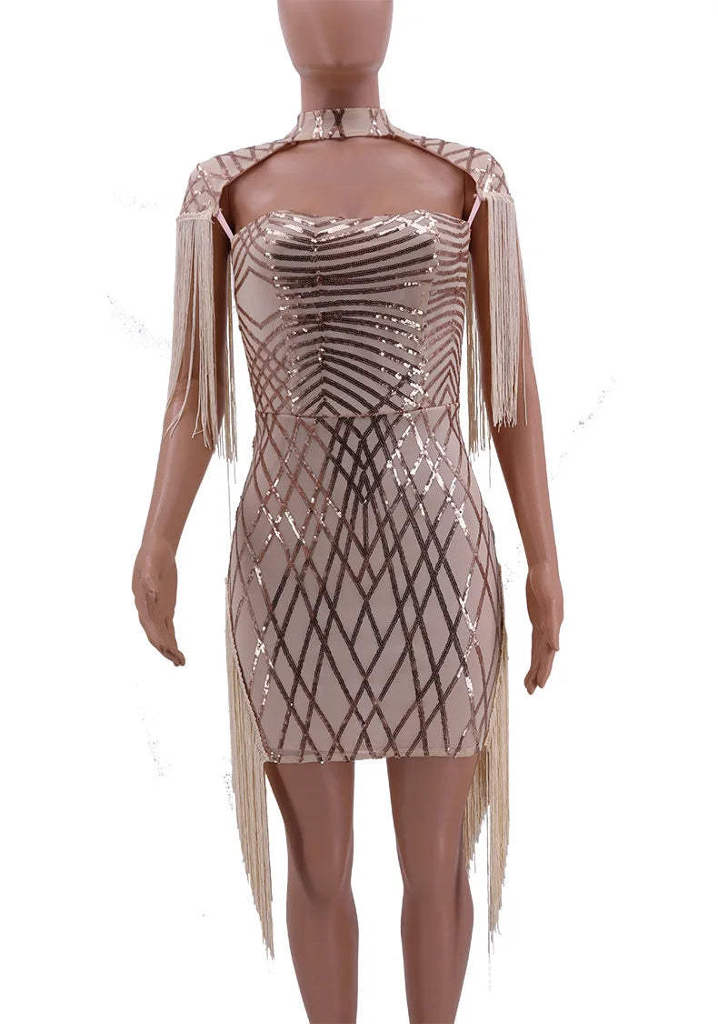 UK Size S(8)-XL(16) Black/Red/ Apricot Luxury Women Italian Fashion Elegant Sequins Tassels Mini Bodycon Evening Party Sexy Mini Dress