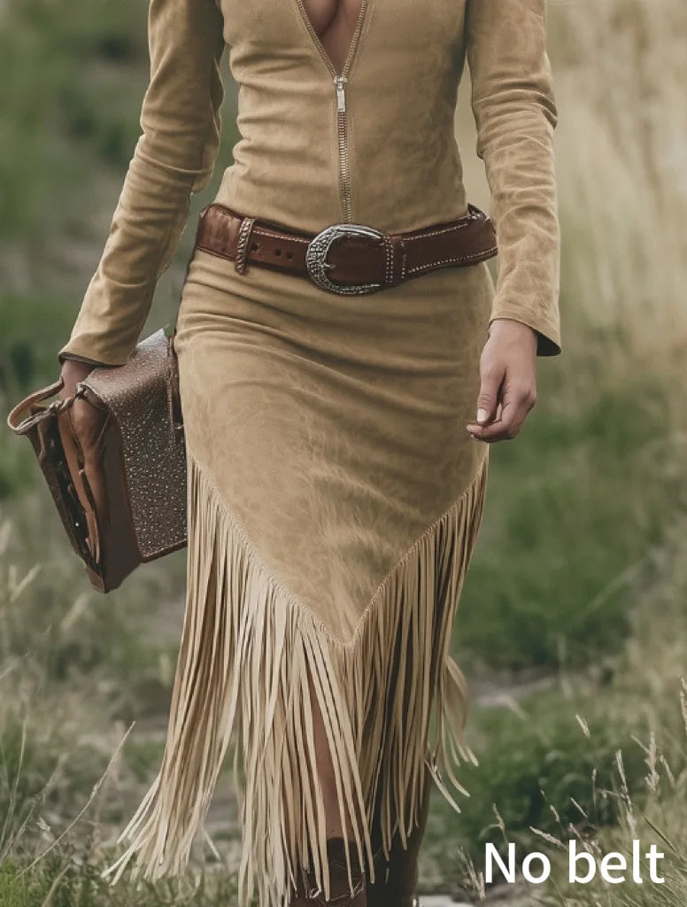 S-2XL Plus Size Ladies Vintage Western Turn-Down Collar Front Zipper Tassel Long Sleeve Midi Dress Elegant Commute Style