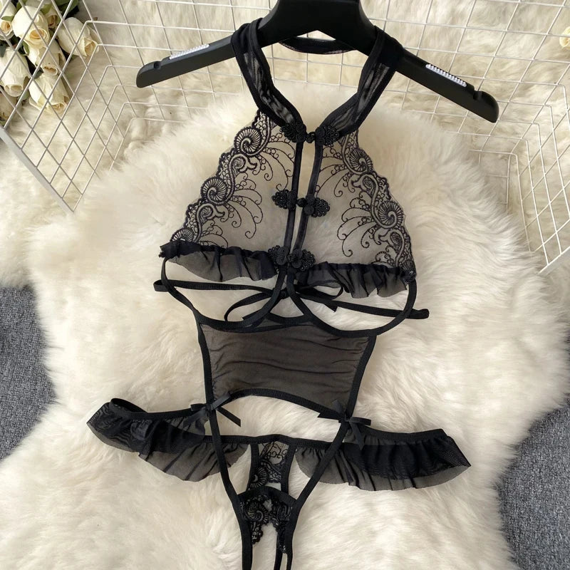 NEW Arrivals Red/Black See-Through Sleeveless Halter Playsuits Lace Sheer Open Crotch Lingerie Rompers Women Erotic Hollow Sexy Bodysuits Party Jumpsuit