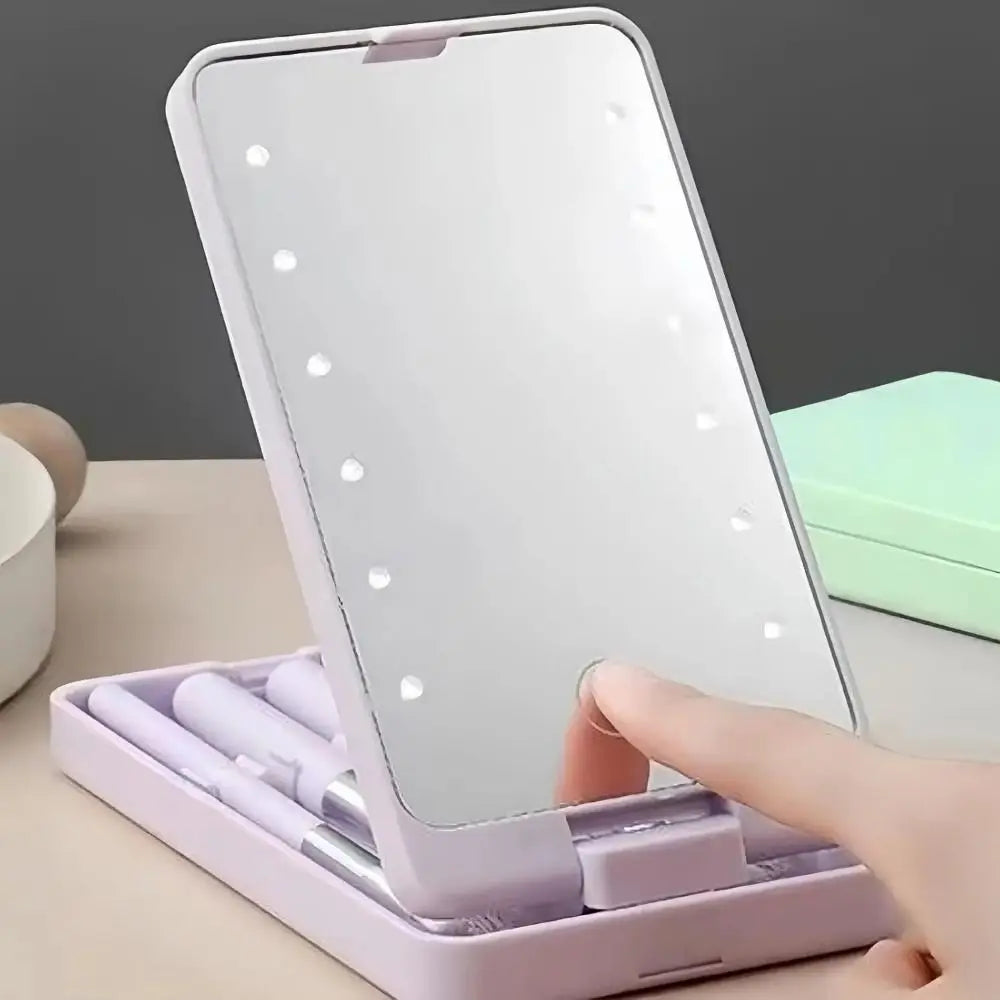 NEW Rotatable Mirror Travel Make-Up Brush with LED Light Adjustable Brightness with 5pcs Brush LED Makeup Mirror Brush Set Foldable Women Cosmetic Sets