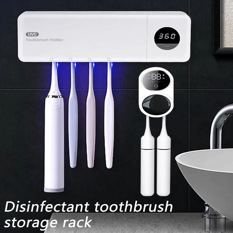 2 PCS Set Toothbrush Sterilizer Intelligent Wall Mounted Fully Automatic Sensing Ultraviolet Sterilization No Punching Toothbrush Holder Oral Hygiene Accessories Bathroom Supplies