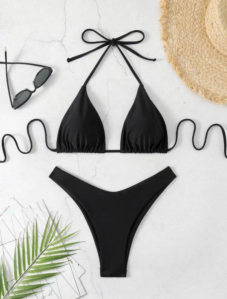 2 PCS Set UK 8-16 Size (S-XL)  8 Colors Women Thong Bikini Sexy Solid White/Black/Coffee Halter Swimsuit Lace Up Brazilian Bathing Suit New Double Fabric Beachwear