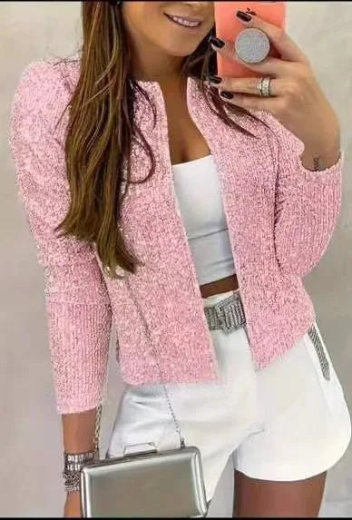 S-3XL Plus Size Elegant Chic Blazer Shining Sequins Short Coat New Fashion Long Sleeve O-Neck Cardigan Jacket Open Front Outwear Female Clothing Supplies