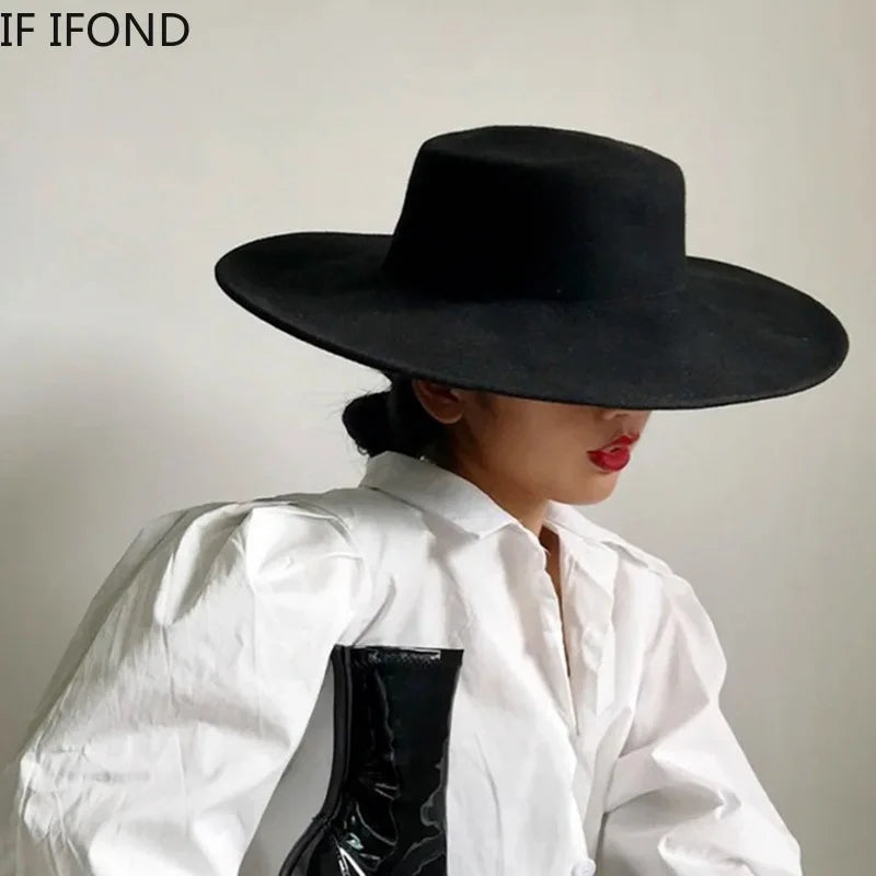 NEW Arrivals 8 Colors 56cm-58cm French Women's Luxury Hat Big Wide Brim 10CM Fedora Hat Autumn Winter Spring Cotton Wool Derby Wedding Jazz Hats Flat Top Felt Hat Ladies Luxury Fashion Apparel Accessories