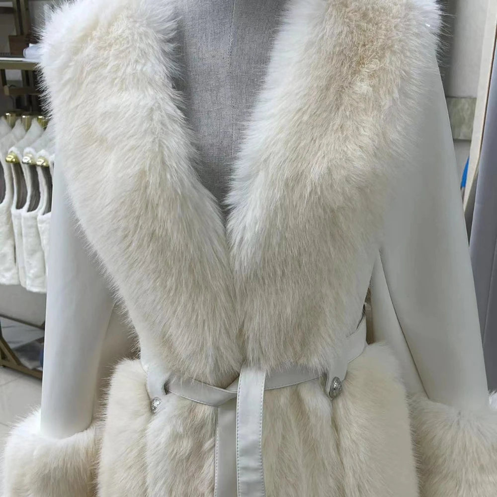 NEW Arrivals Leather Patchwork Faux Fox Fur Jacket Women Winter Warm Snow Outerwear Belted Plush Coat Elegant Fluffy Jackets High Quality Furry Overcoat Ladies Girls Luxury Fashion Clothing Supplies
