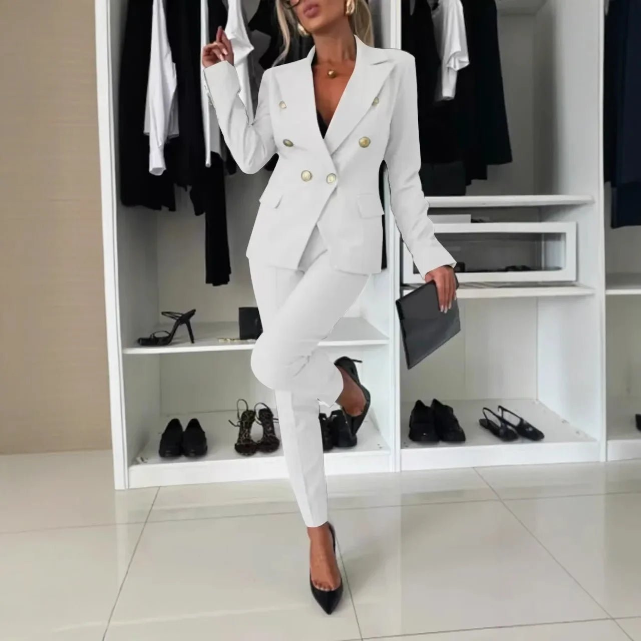 NEW Arrivals 2PCS Set UK S-2XL Size 8 Colors Women Office Smart Clothes Suit Blazer Double Breasted Button Solid Color Jacket & High Waist Slim Pencil Pants Ladies Luxury Fashion Clothing Supplies