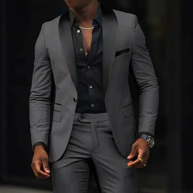 NEW Arrivals 2PCS Set S-6XL Plus Size 7 Colors Casual Men Wedding Suits Solid Slim Fit Shawl Lapel Blazer Pant Designs Evening Party Prom Suits Best Man Business Wear Suit Men Luxury Fashion Clothing Supplies