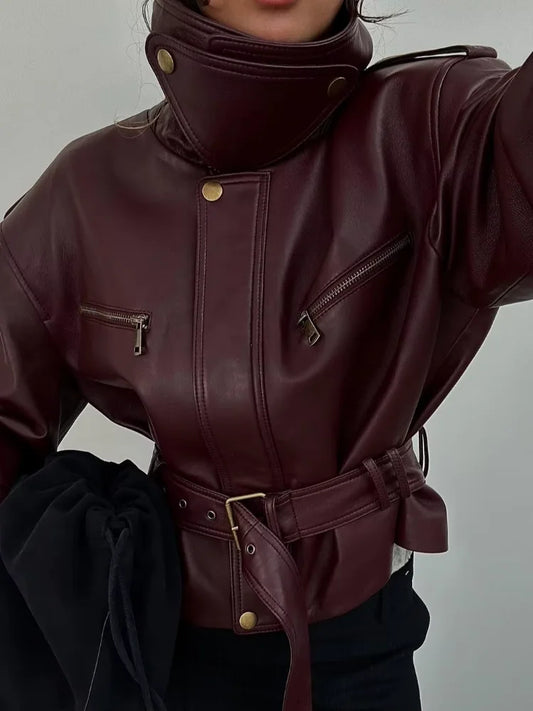 UK Size Women Solid Burgundy Waist Cinching Jacket Fashion Lace Up Stand Collar Zipper Bucket Short Jackets Lady High Street Coat