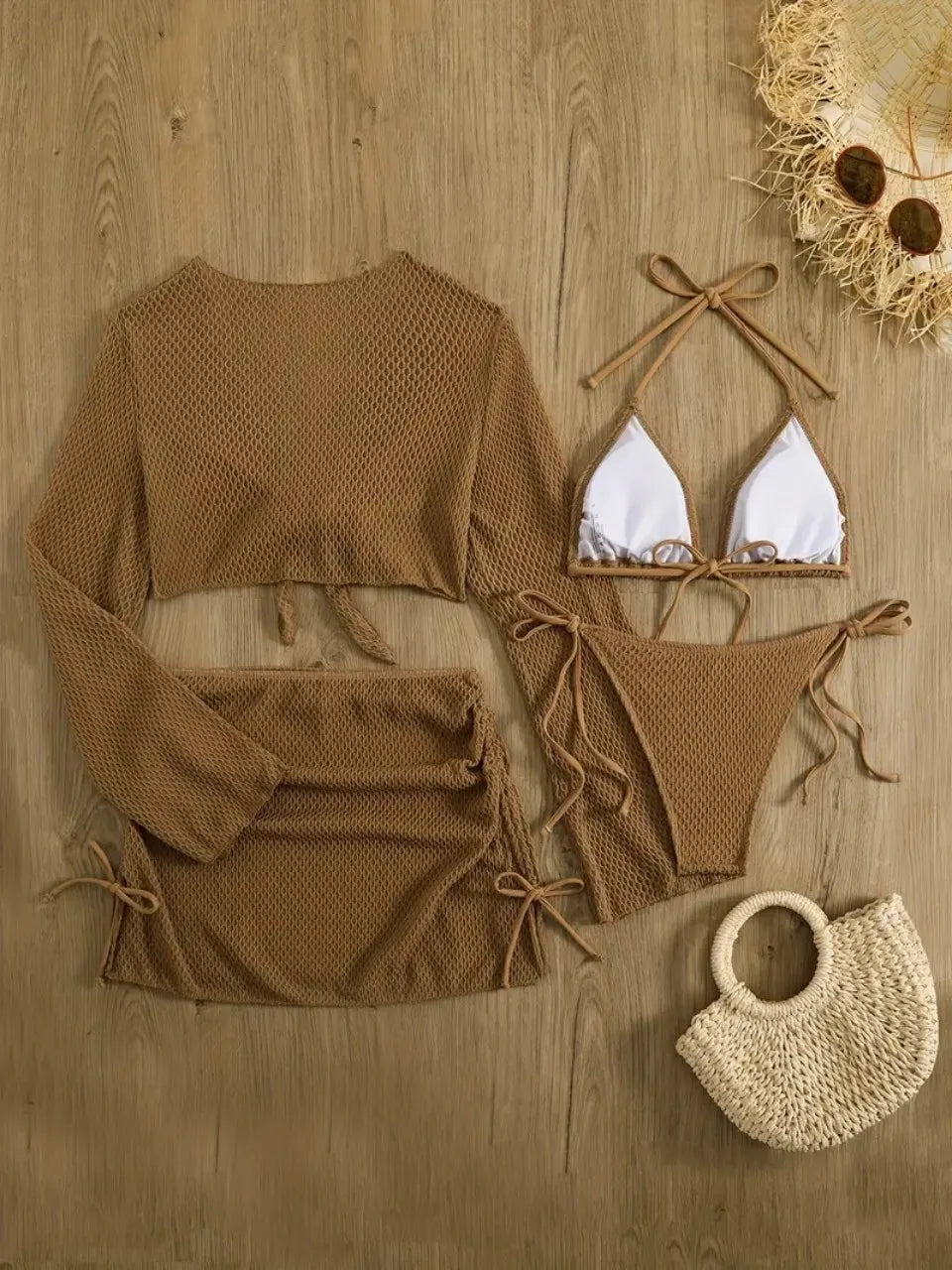 4 PCS Set White/Black/Coffee/Red Color Halter Bikinis Suit Mesh Cover Up Swimwear Female Long Sleeve Solid Swimsuit Women Bathing Swimming Suit Beachwear