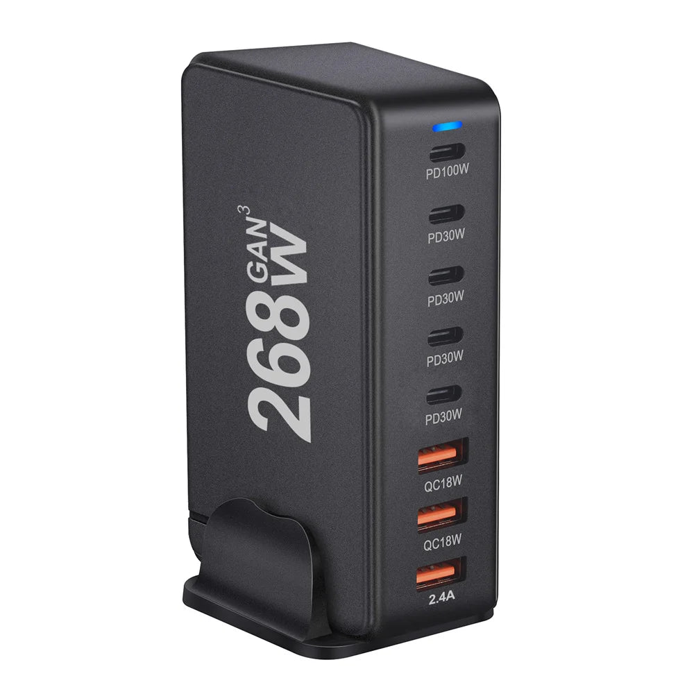 268W Desktop GAN Charger 8-Port USB Type C PD Charger Fast Charge 3.0 USB Type C Fast Charger Mobile USB Charger