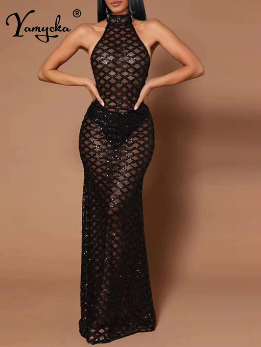 NEW Arrivals Sexy Black See Through Sequin Maxi Summer Dress Women  Bodycon Evening Beach Party Nightclub Birthday Party Dress Luxury Evening Long Dresses Girls Ladies Sexy Apparel Supplies